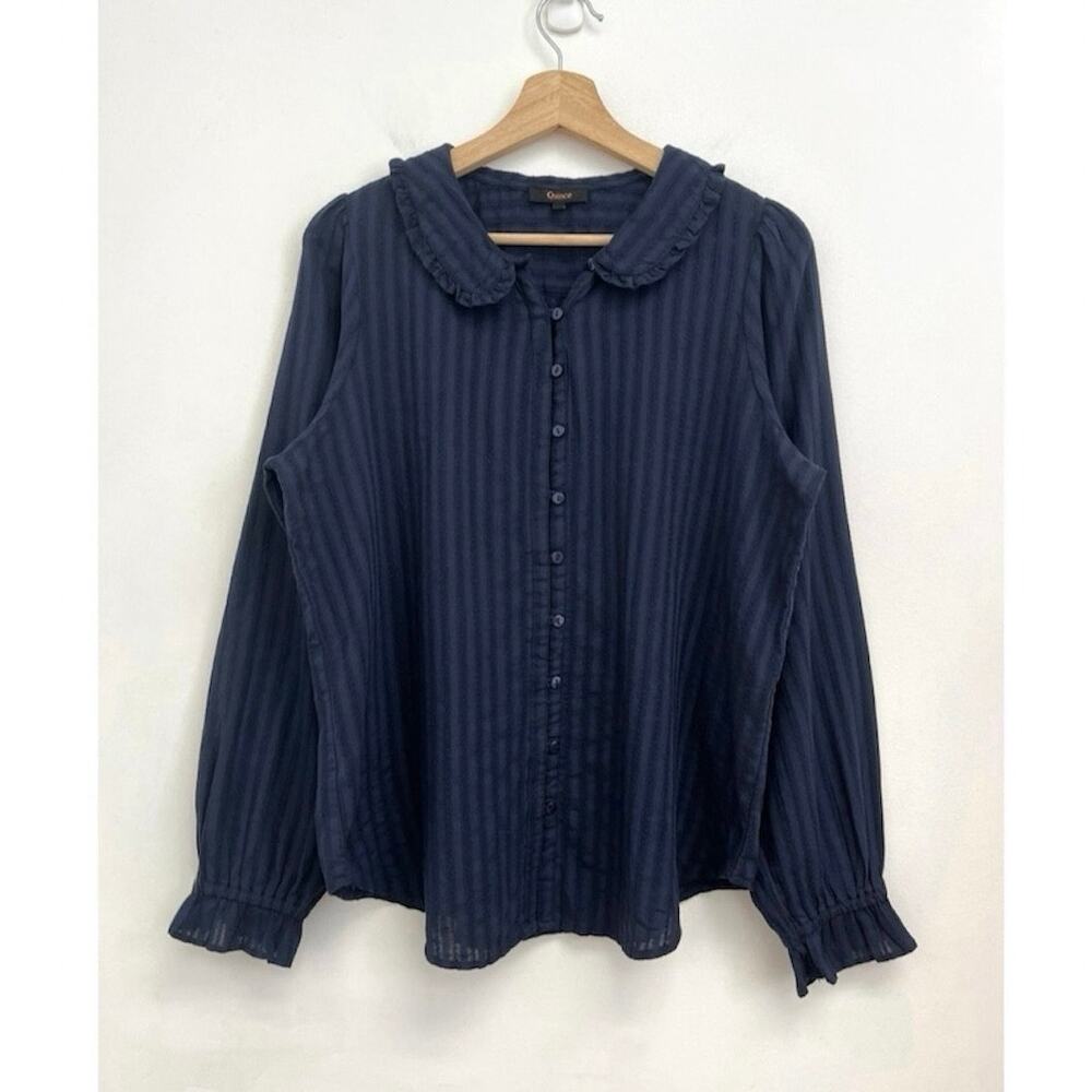 Quince Embroidered Cotton Ruffle Peter Pan Collar Button-Front Blouse Large - Picture 3 of 14